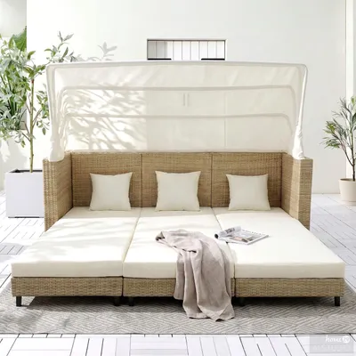 Produktbild von home24 Sonneninsel - 3-teilig - Polyrattan / Webstoff - Beige / Creme