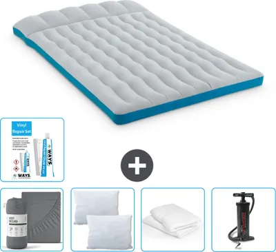 Produktbild von Intex Campingmatte – 2 Personen – 127 x 193 x 24 cm – Blau – im Lieferumfang enthalten Spannbettuch - Küssen - Pumpe - Reperaturset en Kissenschutz