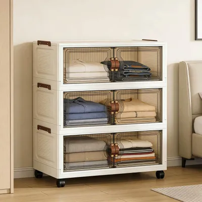 Image de Bac de rangement pliable 114 L avec roulettes, empilable, bac en plastique avec couvercle et porte, organiseur à 3 niveaux, blanc, 78 × 40 × 119 cm