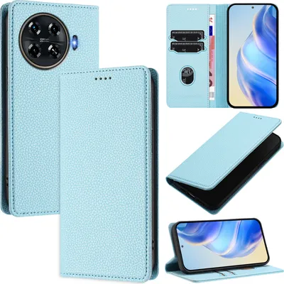 Produktbild von Litchi Leder Handyhülle für Tecno Spark 20 Pro+ 4G Wallet Kartenfächer Standfunktion Hülle Hellblau