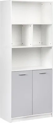 Produktbild von BELIANI Bücherregal Grau u. Weiß Faserplatte 197 cm Hoch 40 cm Tief 80 cm Breit Skandi Design Standregal mit Schrank 2 Türen für Büro Wohnzimmer