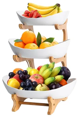 Image de Panier à fruits en céramique à 3 niveaux avec support en bambou