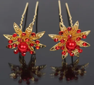 Produktbild von 2 Haarnadeln Perlen Strass Blume Modell 4 rot gold