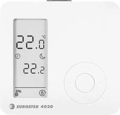 A white digital thermostat with a screen displaying temperature and control buttons.