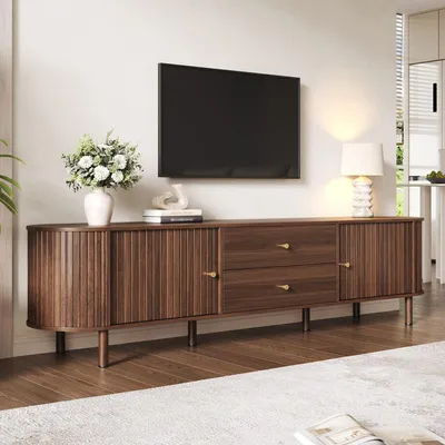 Produktbild von MODFU TV-Schrank 180cm,Lowboard für 75 Zoll,Ovaler Fernsehbank mit Schiebetüren und Schubladen,TV-Regal in Holzoptik,Walnuss