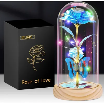 Immagine prodotto di Rosa eterna in vaso con illuminazione, regalo per donne, Festa della Mamma, San Valentino, compleanno, effetto legno blu