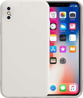 A white phone case is shown next to an iPhone displaying its home screen.