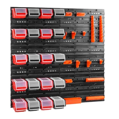 Image de Étagère murale d'atelier Support d'outils Boîtes empilables panneaux muraux avec boîtes Étagère de tri 20 pcs. Box avec couvercle Étagère murale 80 x 80 cm Porte-outils Étagère à bacs Bacs à bec Système de stockage en plastique