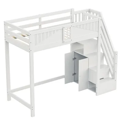 Obrázok produktu pre Podkrovná posteľ z masívneho dreva 90 x 200 cm, Unikátne bezpečnostné dvere s okienkom, Bočný úložný bezpečnostný rebrík vymeniteľný vľavo a vpravo, biela