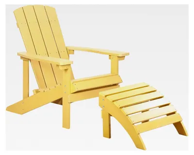 Produktbild von Gartenstuhl im modernen Muskoka-Stil aus Kunstholz in Gelb mit Hocker und Armlehnen