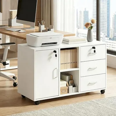 Imagen del producto de Armario para impresora con 3 cajones, 2 compartimentos abiertos y una puerta, con cerradura. Archivador con 4 ruedas, mesa para impresora, 90x40x57 cm, color blanco