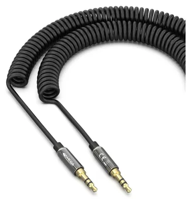Produktbild von Aux Spiral Kabel Klinken Stecker 3,5mm Stereo - iPhone Boxen Schwarz, bis zu 1m