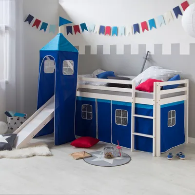 Produktbild von Homestyle4u Kinder Hochbett Mit Rutsche Leiter Turm Vorhang Blau Massivholz Kiefer Weiß