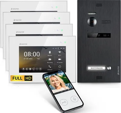 Produktbild von HD Video Türsprechanlage mit Smartphone App für 1 Familienhaus, 4x Monitor, Balter EVO HD WLAN Schwarz