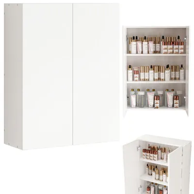 A white, two-door wall-mounted cabinet filled with various cosmetic products.