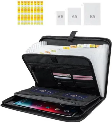 Image de Porte-documents de bureau avec fentes, classeur A4 à 13 compartiments et 8 étiquettes, porte-documents à 3 tiroirs pour dossiers A4 et documents importants, certificats