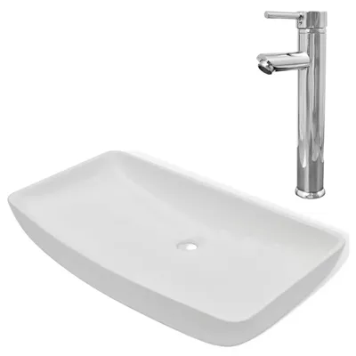 Image de vidaXL Salle de bain lavabo avec mitigeur céramique rectangulaire blanc