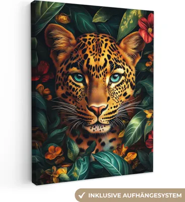 Produktbild von Leinwandbilder 60x80 cm - Tiere, Blumen - Leopard, Bilder Wohnzimmer Modern, Wanddeko