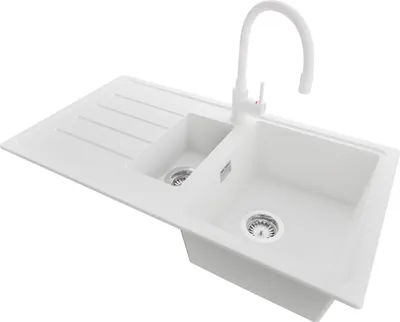 Produktbild von PRIMAGRAN Granitspüle Weiß 90x50cm, Spülbecken 1,5 Becken + Küchenarmatur 38x14cm + Ablauf-Set, Küchenspüle ab 60er Unterschrank - Kopenhagen Duo