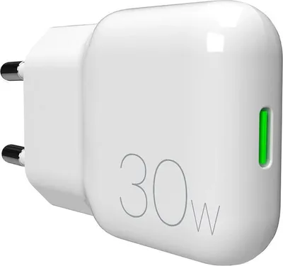 A white USB-C GaN 30W charger with a green indicator light.