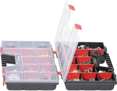 Produktbild von Kistenberg Werkzeug-Organizer NOR DUO 40, 390x290x130 mm (LxBxH) – für Werkzeuge & Kleinteile aus Kunststoff (schwarz/rot/grau) – mit herausnehmbaren Trennwänden, transparentem Deckel und abschließbar – 2 verbundene, tragbare Organizer für den Haushalt.