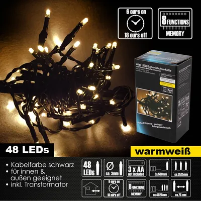 A close-up of a string of warm white LED lights with packaging and feature callouts in the background.