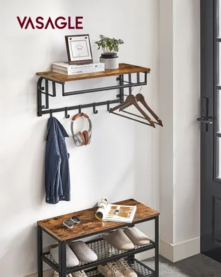 Produktbild von VASAGLE Wandgarderobe Wandregal mit 5 abnehmbaren Haken, Hängeregal mit Hängestange