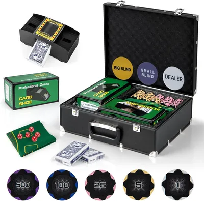 Produktbild von GOPLUS 300 Stück Pokerset, Pokerkoffer mit 2 Kartendecks & 5 Würfel & 3 Dealer-Buttons & Pokertuch & Automatischer Kartenmischer & Kartengeber