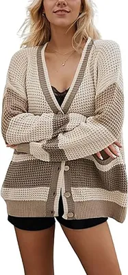 Produktbild von ASKSA Damen Pullover Strickjacken V-Ausschnitt Farbblock Langarm Strick Cardigan Casual Knopfleiste Strickmantel (Khaki,XL)