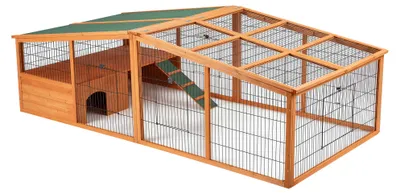 Imagen del producto de Jaula para animales de exterior Wiltec, con cobertizo, de 230 x 115 x 78 cm. Jaula de madera de pino con malla metálica, conejera que incluye un cobertizo, una rampa y un techo