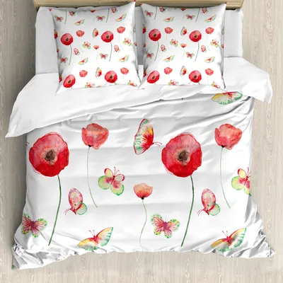 Produktbild von ABAKUHAUS Blume Bettbezug Set, Vintage Muster Mit Mohn Und Schmetterling Romantik Theman Illustration Art Druck, 200 x 200 cm + 80 x 80 cm, Kokosnuss und Rot