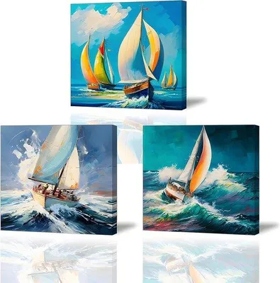 Productafbeelding van Famanu Wanddecoratieset van 3 - Zeilboot olieverfschilderijen - Aquareldrukken - Moderne canvas wanddecoratie - 30 x 30 cm