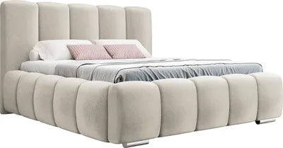 A beige upholstered bed with a tufted headboard and footboard, shown against a white background.