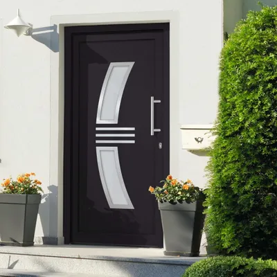 A modern black front door with silver accents, flanked by potted plants and a mailbox, set against a white wall.