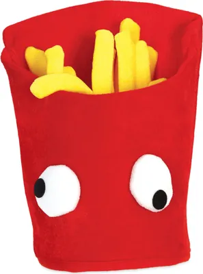 Rote Pommes-Mütze mit gelben Stoffpommes und aufgenähten Kulleraugen als lustige Kopfbedeckung.