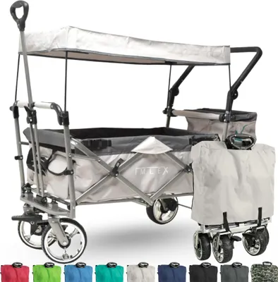 A gray wagon with a canopy is shown against a white background. Several color swatches are displayed below the wagon.
