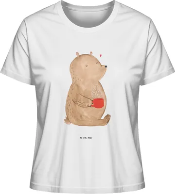 Produktbild von Mr. & Mrs. Panda Jersey Shirt Damen Bär Morgenkaffee Größe L - Weiß - Geschenk, Valentinstag, Basic T-Shirt, Jahrestag, Hochzeitstag, für Partner, Baumwollshirt, Oberteil