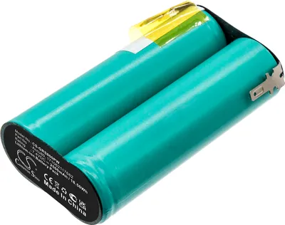 A close-up studio shot of a teal colored battery pack with silver connectors.