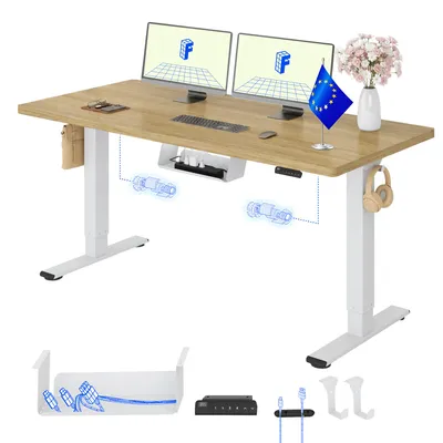 Image de Bureau électrique réglable en hauteur FLEXISPOT E1 Pro (version UE), 160 x 80 cm, plateau monobloc de 25 mm d'épaisseur, double moteur, capacité de charge de 120 kg, finition chêne naturel