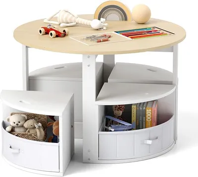 Imagen del producto de Mesa infantil con 4 sillas, juego de mesa y sillas para niños que incluye una mesa para pintar, 4 taburetes con espacio de almacenamiento y 4 cajones de tela. Conjunto de asientos compacto para niños a partir de 3 años (color natural)