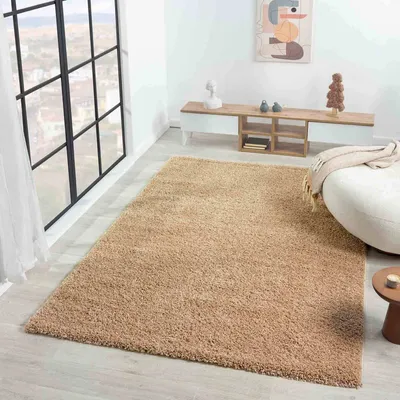 A beige shaggy rug is placed in a modern living room setting, next to a white rounded sofa and a wooden media console.