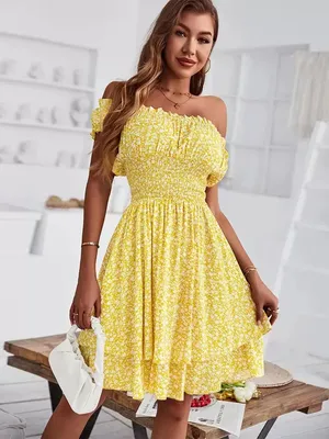 Produktbild von Damen Sommerkleid mit Blumendruck, Lässig Strandkleid, Gelb Größe M