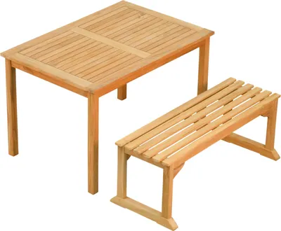 Produktbild von Garten-Essgruppen Teak Sitzgruppe aus 1 Bank 120 cm ohne Lehnen und 1 Tisch 120 x 80 cm hochwertiges Set aus Teak Gartenbank und Esstisch