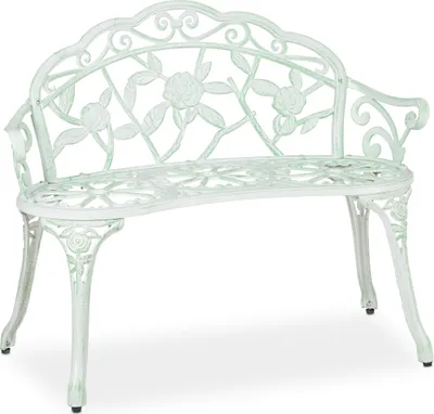 Image de Banc de jardin Relaxdays, 2 places, motif roses, terrasse, balcon, aluminium et fonte, banc de style ancien, 78 x 98 x 55,5 cm, blanc/vert