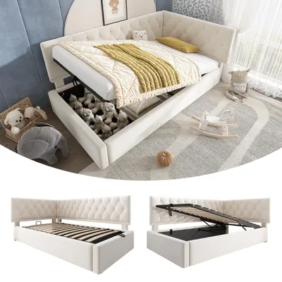Produktbild von Polsterbett 90x200cm in Beige mit hydraulischem Stauraum, Samtbezug, Tagesbett mit links oder rechts montierbarem Kopfteil