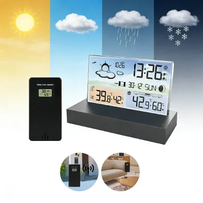 Produktbild von OKWISH Kabellose Wetterstation, Haus-Wettervorhersage mit Farbdisplay,Außensensor,Thermo-Hygrometer,Datums- und Mondphasenanzeige,Radiowecker-Funktion