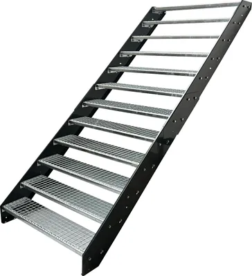 Obrázok produktu pre Oceľové rebrinové schodiskové stupne 12 stupňov - pozinkované a antracitovo práškovo lakované rebriny - (š x v x h) 100 x 228 x 234 cm