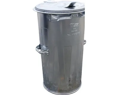 A silver metal trash can with a lid, shown against a white background.