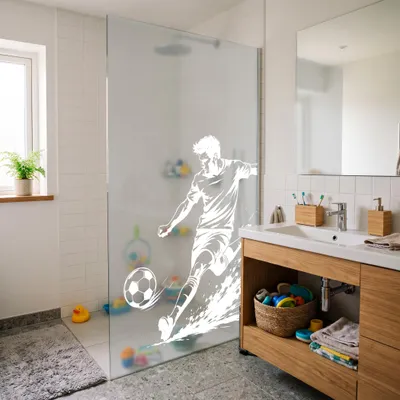 Produktbild von Sichtschutzfolie Milchglasfolie mit Kindermotiv Duschfolie Duschkabine Duschwand Küche Fenster Folie YX003-12 Fußball Weiß 100x180cm