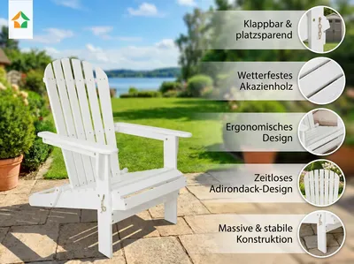Produktbild von Klappbarer Adirondack Liegestuhl aus Akazienholz, ca. 84 x 69 x 93 cm - Weiß